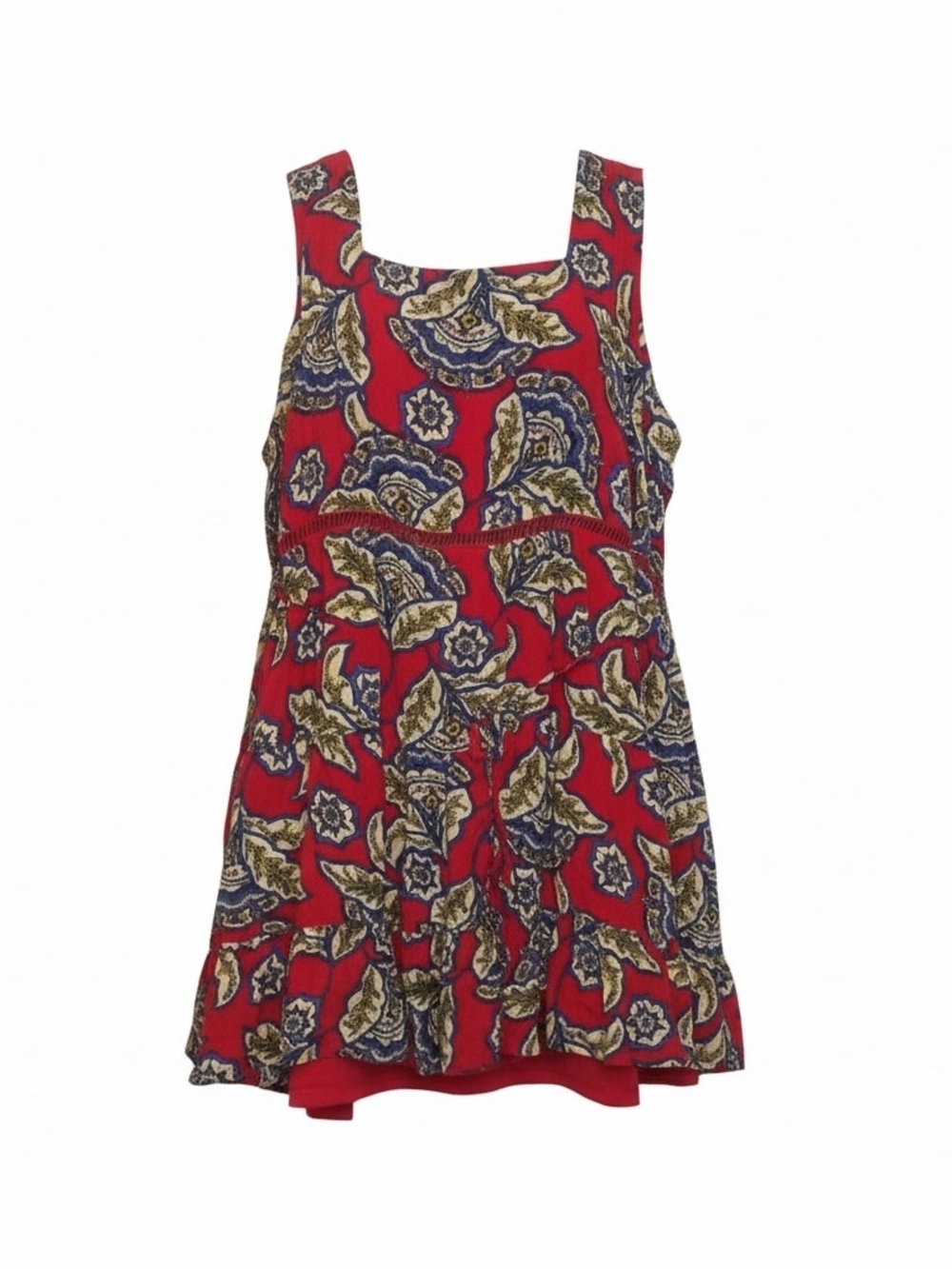 Womens Red Floral Print Flowy Line Sundress Back Tie Embroided Waist EUC Size 2X